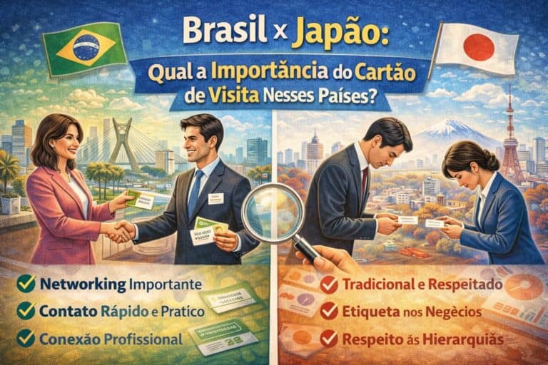 Pessoas trocando cartões de visita no Brasil e no Japão, destacando diferenças culturais.