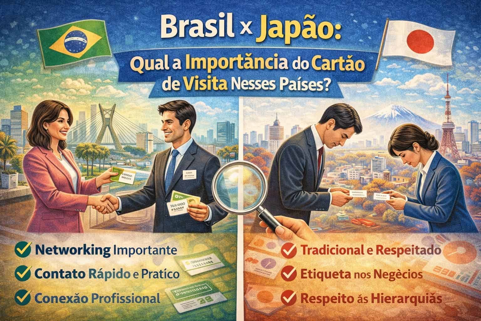 Pessoas trocando cartões de visita no Brasil e no Japão, destacando diferenças culturais.