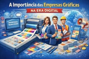 Imagem de profissionais de gráfica com equipamentos modernos e tecnologia digital.