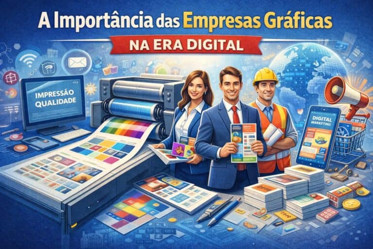 Imagem de profissionais de gráfica com equipamentos modernos e tecnologia digital.
