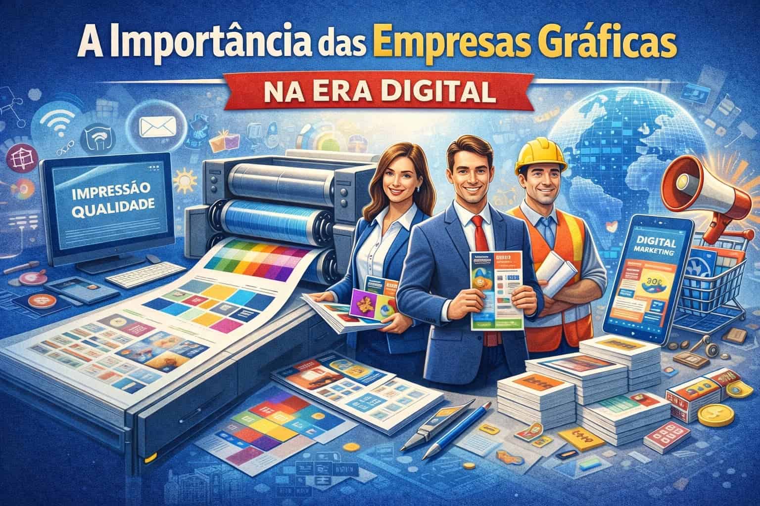 Imagem de profissionais de gráfica com equipamentos modernos e tecnologia digital.