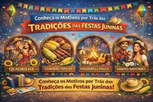 Ilustração de festas juninas com comidas típicas, fogueira, quadrilha e decoração colorida.