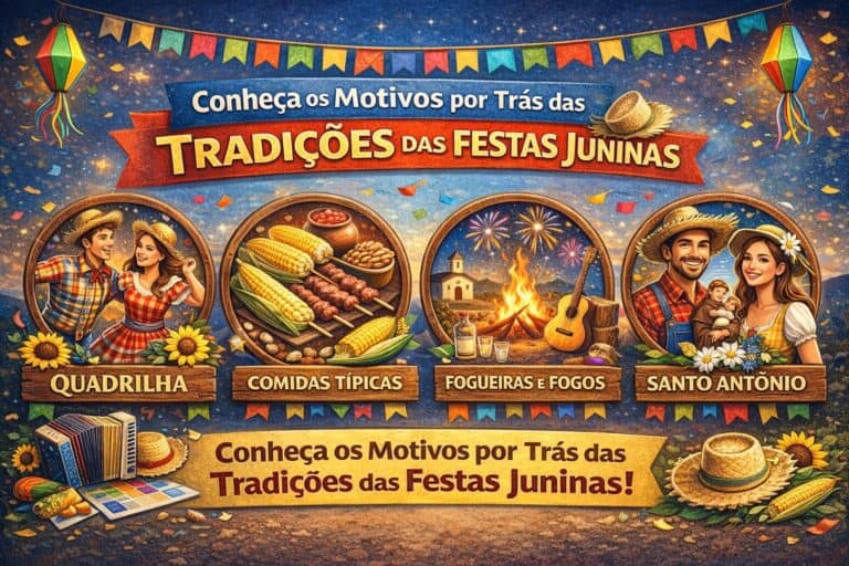 Ilustração de festas juninas com comidas típicas, fogueira, quadrilha e decoração colorida.