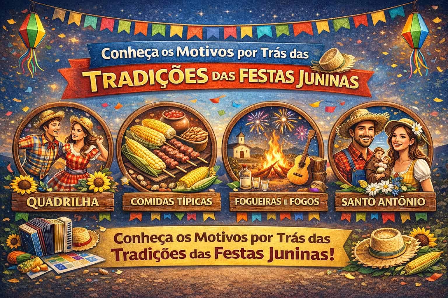 Ilustração de festas juninas com comidas típicas, fogueira, quadrilha e decoração colorida.