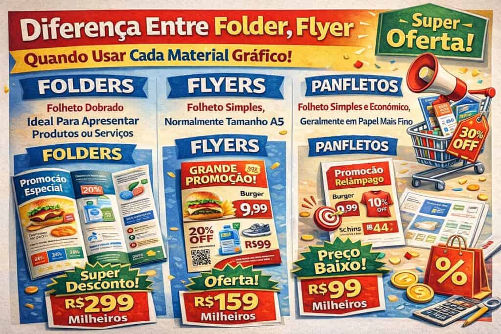 Folder, flyer e panfleto com diferentes tamanhos, promoções e preços destacados.
