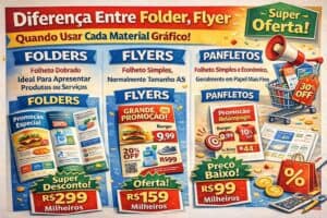 Folder, flyer e panfleto com diferentes tamanhos, promoções e preços destacados.