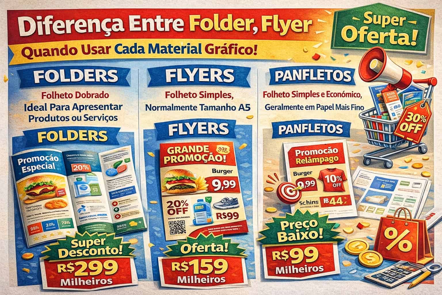 Folder, flyer e panfleto com diferentes tamanhos, promoções e preços destacados.