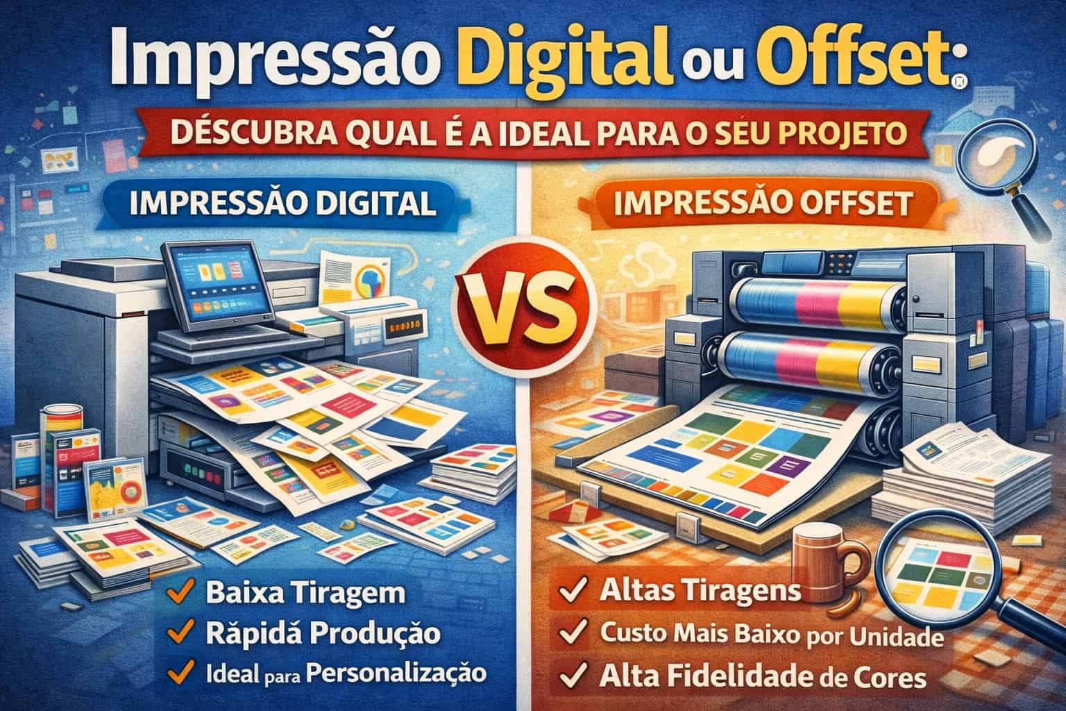Imagem ilustrativa comparando impressão digital e offset.