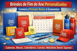 Kit de brindes personalizados de fim de ano com calendário, canetas e acessórios promocionais.