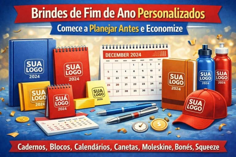 Kit de brindes personalizados de fim de ano com calendário, canetas e acessórios promocionais.
