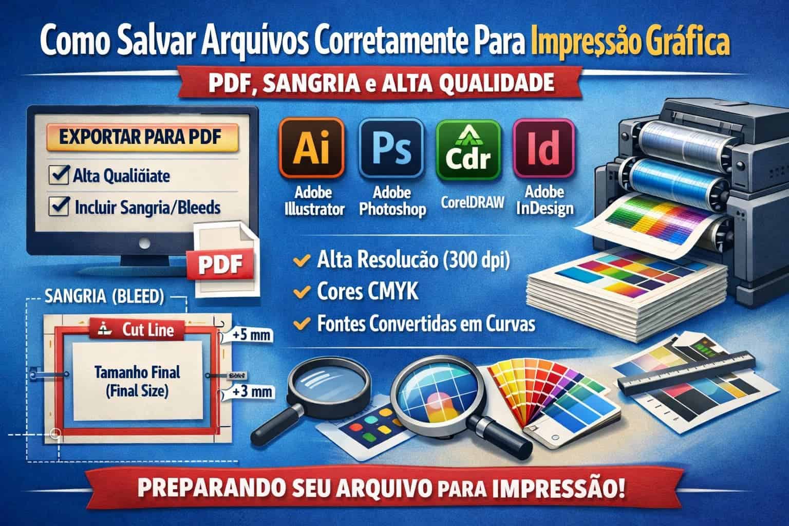 Guia para salvar arquivos PDF, Canva, Illustrator, Corel e InDesign.