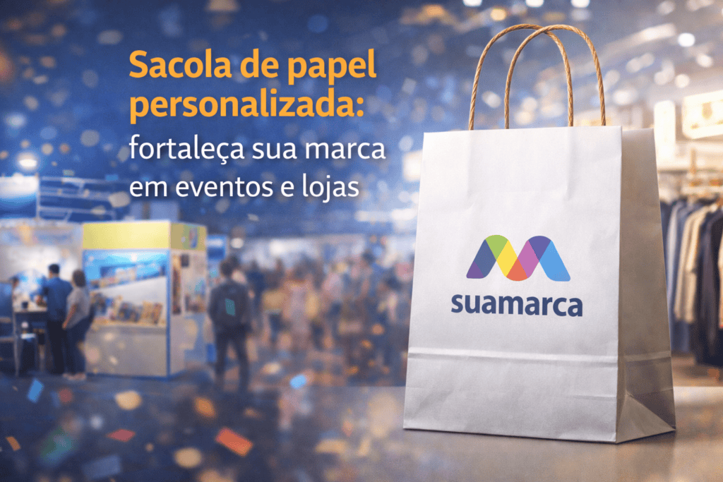 Sacola de papel personalizada com logo para promover sua marca em eventos e lojas.