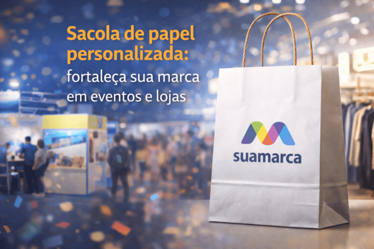 Sacola de papel personalizada com logo para promover sua marca em eventos e lojas.