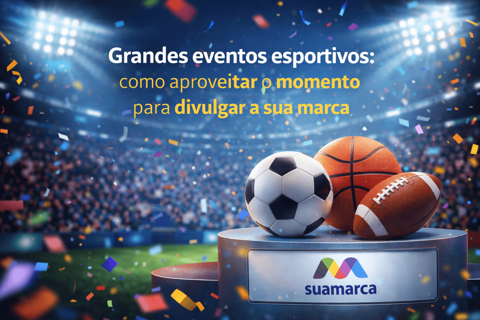 Esportes com bolas de futebol, basquete e rugby em destaque na arena esportiva.