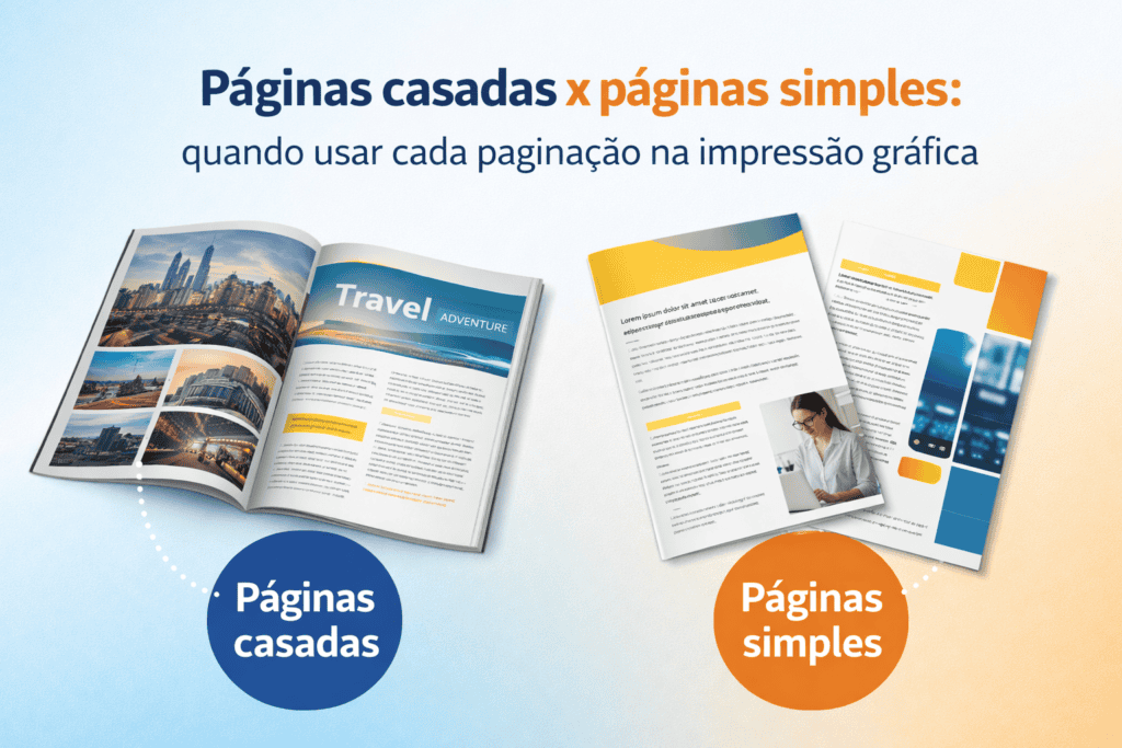 Exemplos de páginas casadas e simples para impressão gráfica eficiente.
